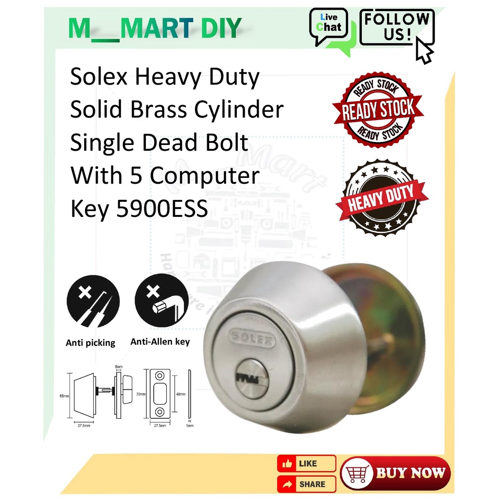 Solex Heavy Duty Solid Brass Single Cylinder Tumbturn Dead Bolt With 5 ...
