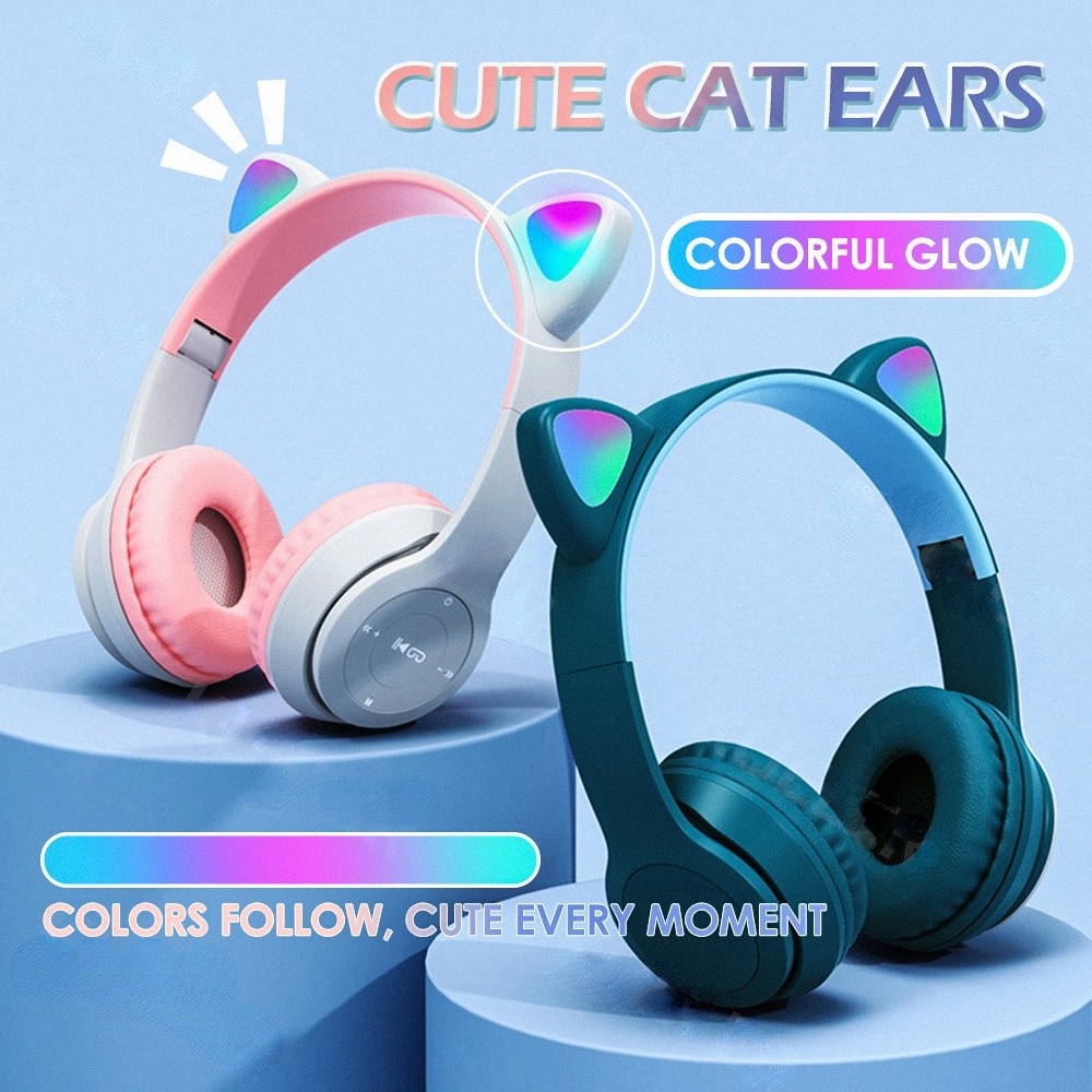 P47M Wireless Headphones Cat Ear LED Light Up Bluetooth Foldable
