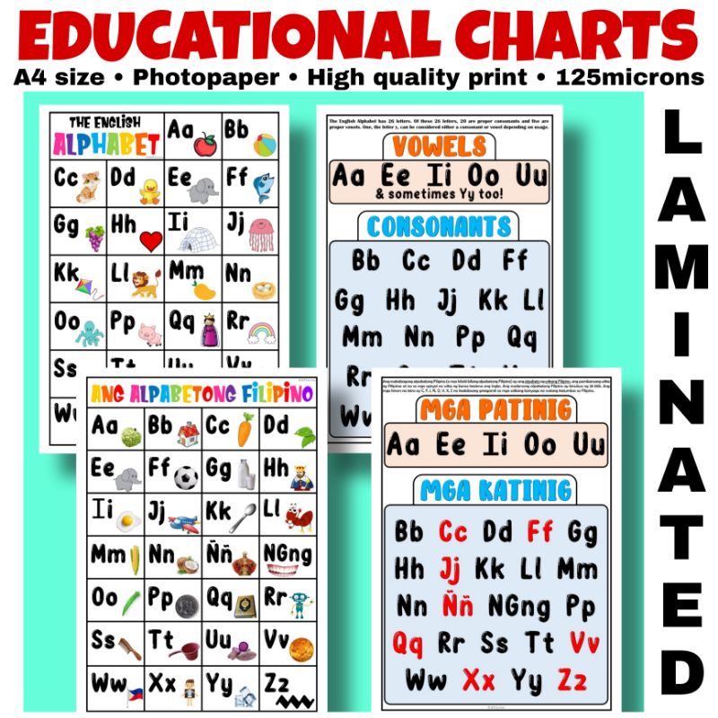 Abc The English Alphabet Alpabetong Filipino Chart Laminated A4 Size 9897