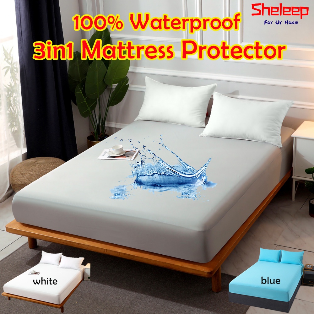 Sheleep 3in1 Waterproof Mattress Protector Smooth Knitted Fabric Mattress  Cover Bed Sheet+Pillowcase