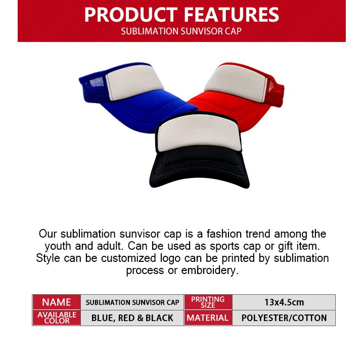 QUAFF Sublimation Sun Visor Cap // Red, Blue & Black | Shopee Philippines