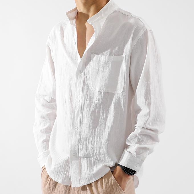 【6 Color】Men's Linen Shirts Korean Version White Polo Long Sleeve ...