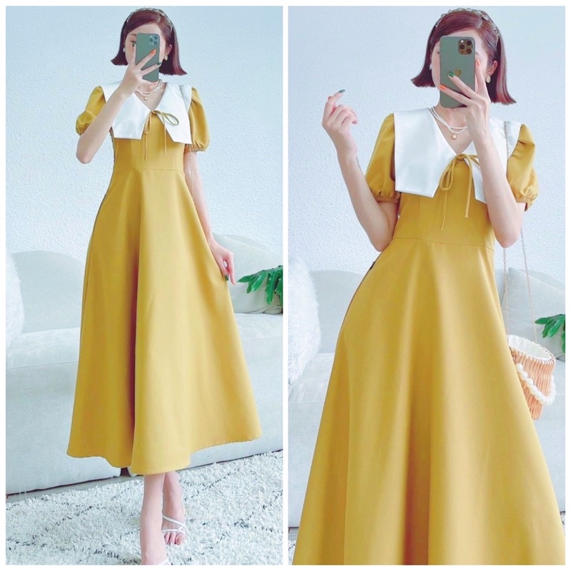 Yellow dress with white collar and long form with real pictures Shopee Philippines
