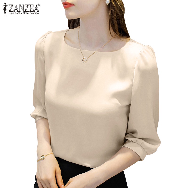 ZANZEA Women Korean Holiday Satin 3/4 Sleeve Ship Collar Leisure Solid ...