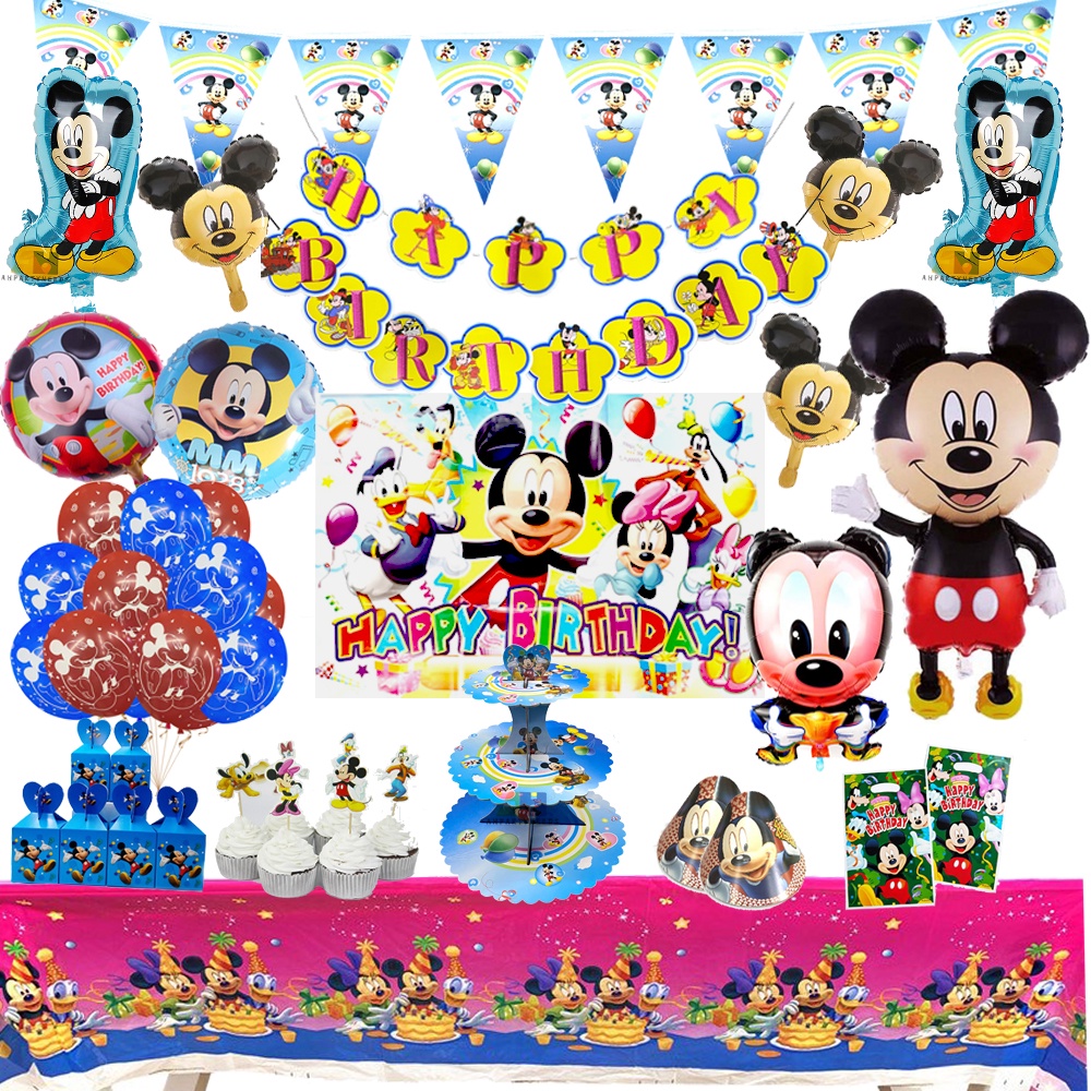 Mickey Mouse Theme Birthday Decorations Balloons Table Cover Banner Kid ...