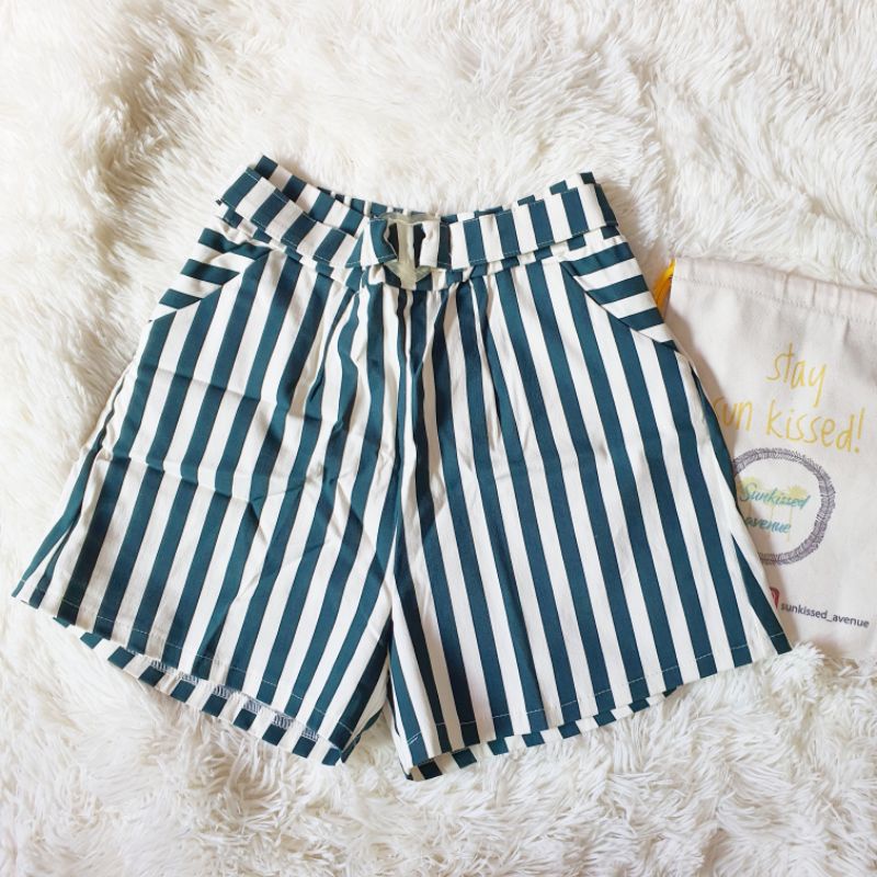 Striped Shorts with belt stretched cloth material Shopee Philippines