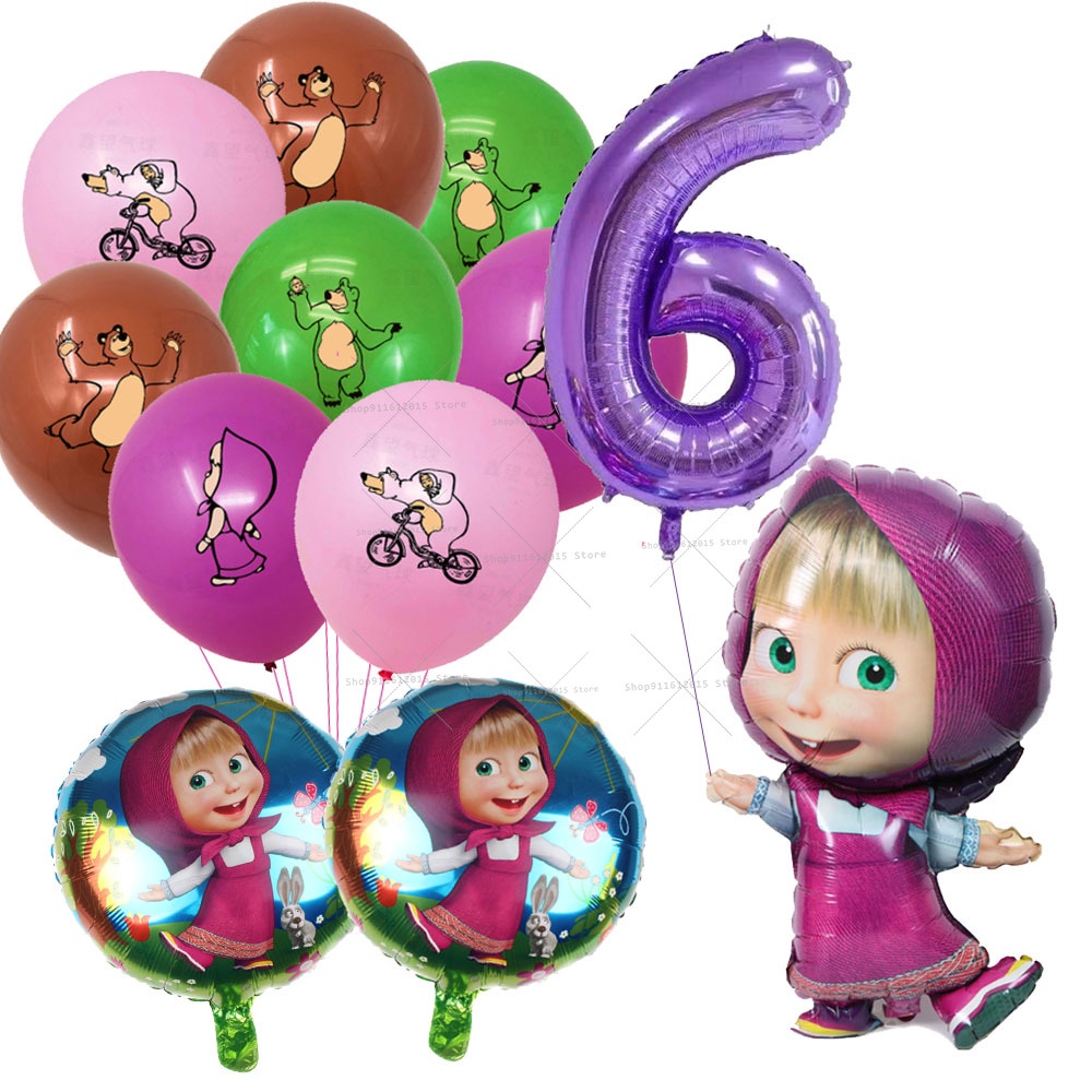 Masha And The Bear Balloons Set 12pcs Mirabel Foil Ballon Girl Birthday Background Layout Theme 