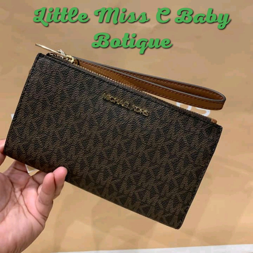 ORIGINAL WITH RECEIPT MICHAEL KORS MK DOUBLEZIP MONO BROWN WRISTLET WALLET  | Shopee Philippines