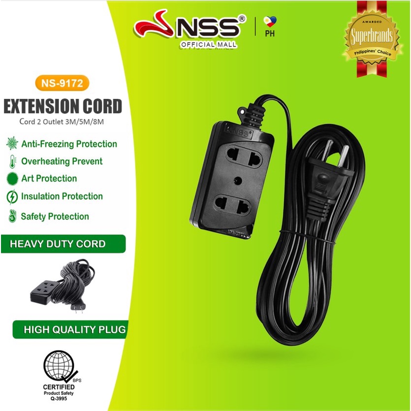 NSS Extension Cord 2 Outlet 3/5/8 meters Black Freezing Overheat