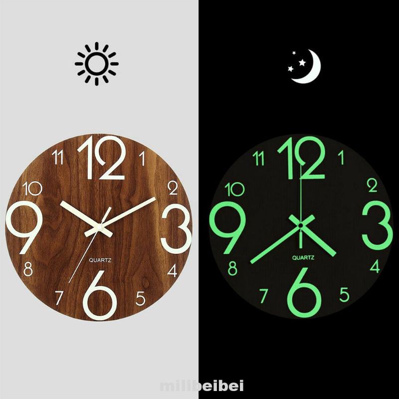 12 inch Luminous Wall Clock Quartz Wooden Silent Glow in the Dark Clock ...