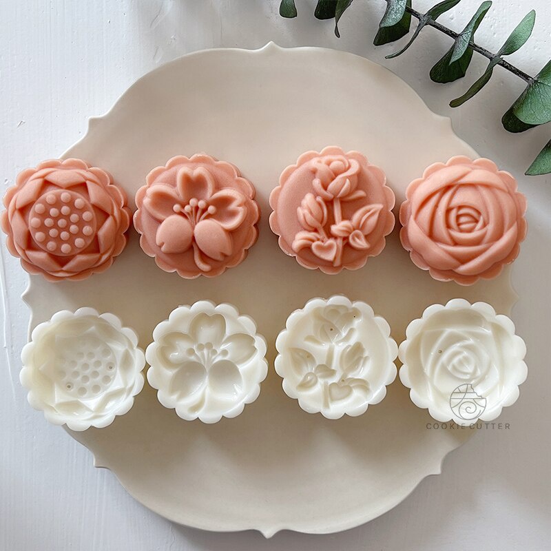 4Pcs/Set Flower Mooncake Mold Tulip Cherry Blossom Rose Lotus Pattern ...