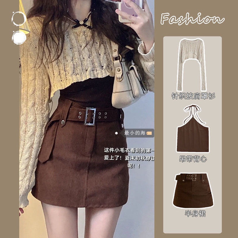 Sweet Style Hollow Knit Shawl Blouse Camisole Short Skirt Three-piece ...