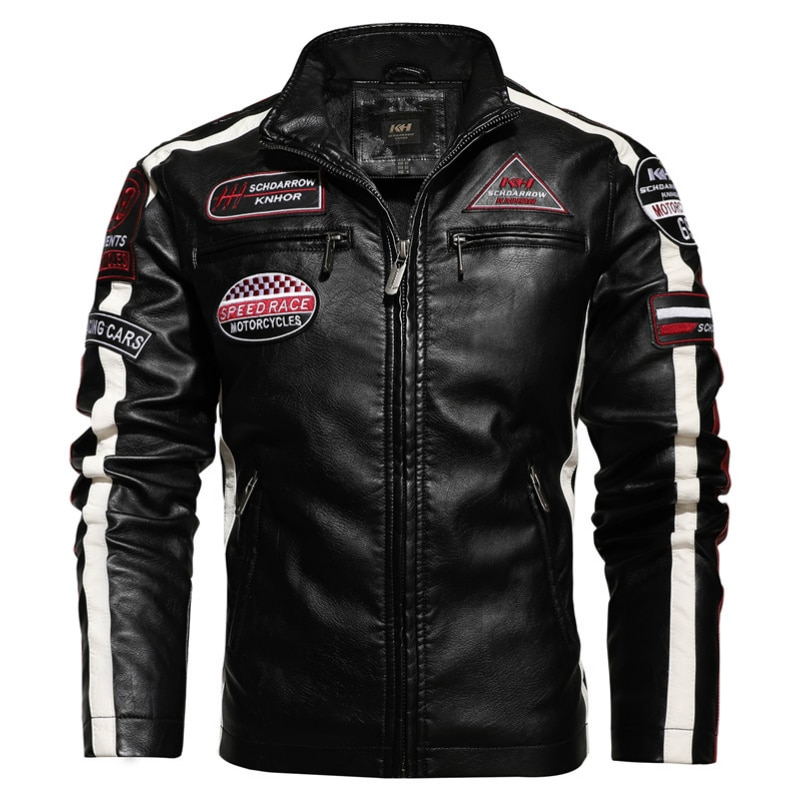 2024 Autumn Motorcycle Leather Jacket Men Hit Color Plus Velvet Pu Mens  Leather Jacket Casual Embroidered Leather Jacket Men