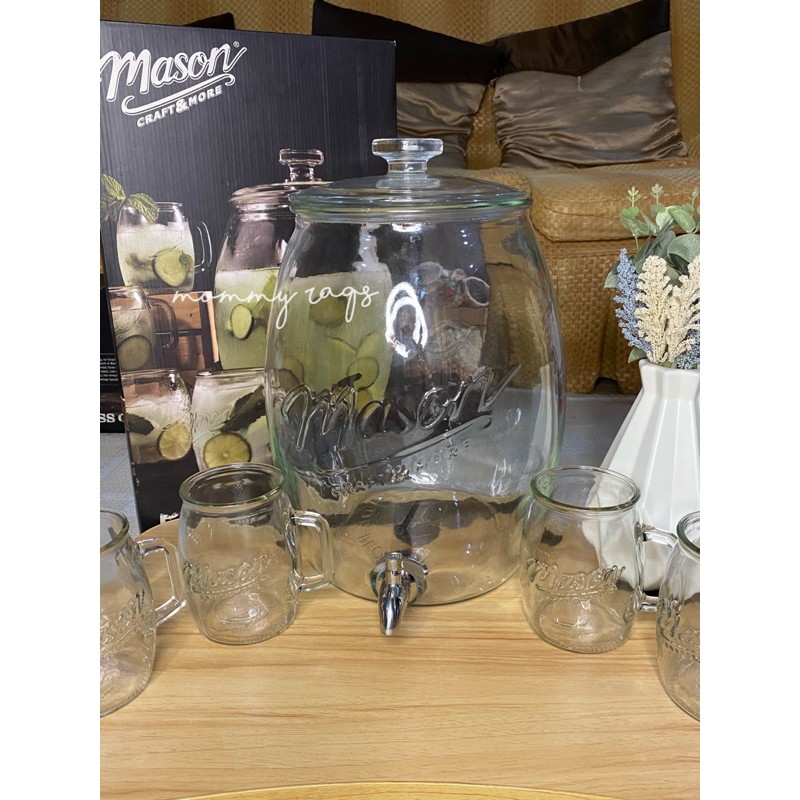 Mason Craft & More Mason Craft and More 5PC Glass Beverage Dispenser Set, Clear Glass, Leak-proof Spigot, Metal Lids