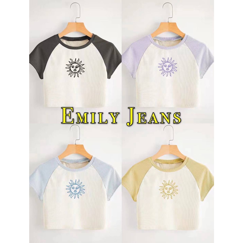 EMILY SUN Print Ribbed Crop Top Baseball Tee Raglan Women's Tops