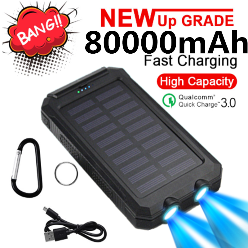 Solar Power Bank Waterproof 80000mAh USB Ports External Charger