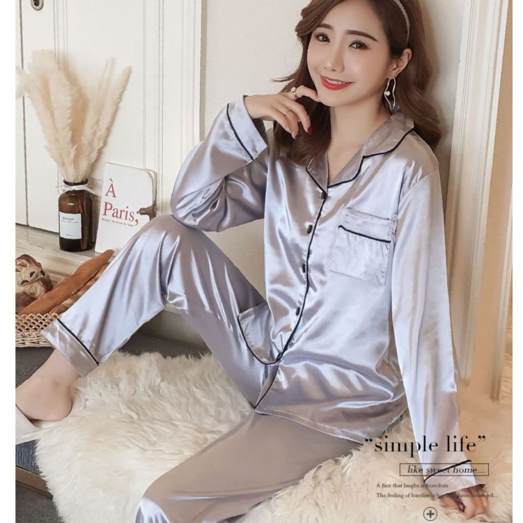 Silk Pajama Terno Long Pants Sleepwear Set Korean Home Wear Lounge Wear  Women Lingerie Clothing