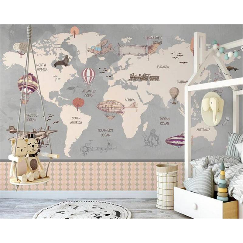 Custom 3d Cartoon World Map Hot Air Balloon Wallpaper Mural For Kids ...