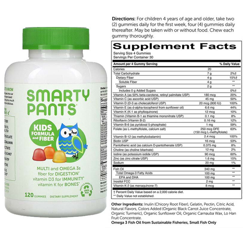 SmartyPants Kid Formula and Fiber, Vitamin A B C D E K Zinc Probiotic Fiber Choline Smarty Pants