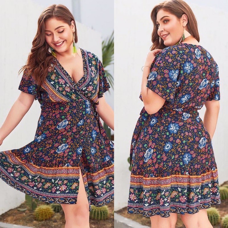 Women Plus Size V Neck Floral Print Boho Sleeveless Dress Party Evening  Cocktail Dresses