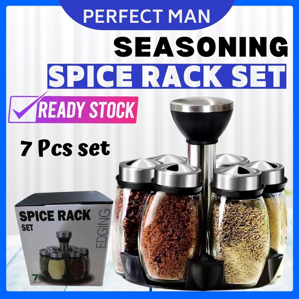 PM - Stainless Steel Seasoning Spice Spin Rotate Glass Jar 6 Condiment ...