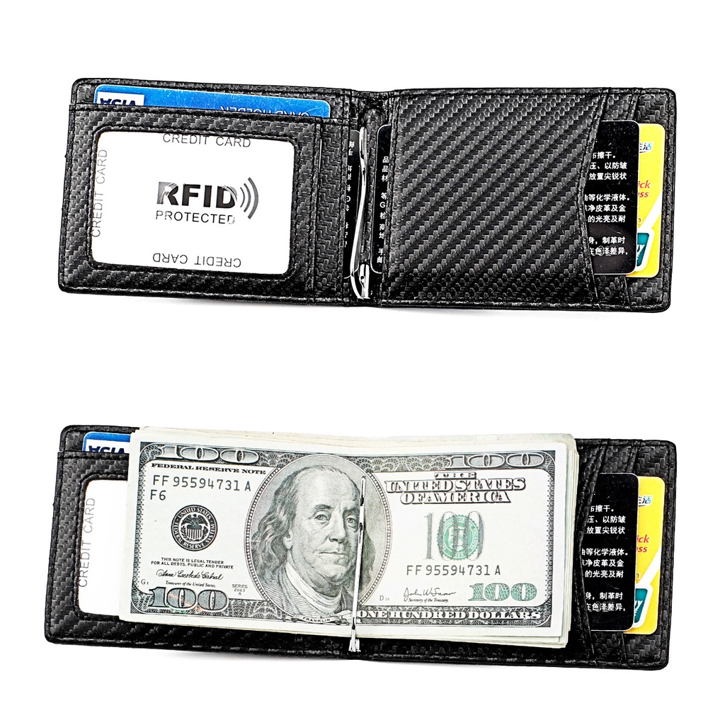 Genuine Leather Carbon Fiber Small Money Clip Wallet For Men RFID