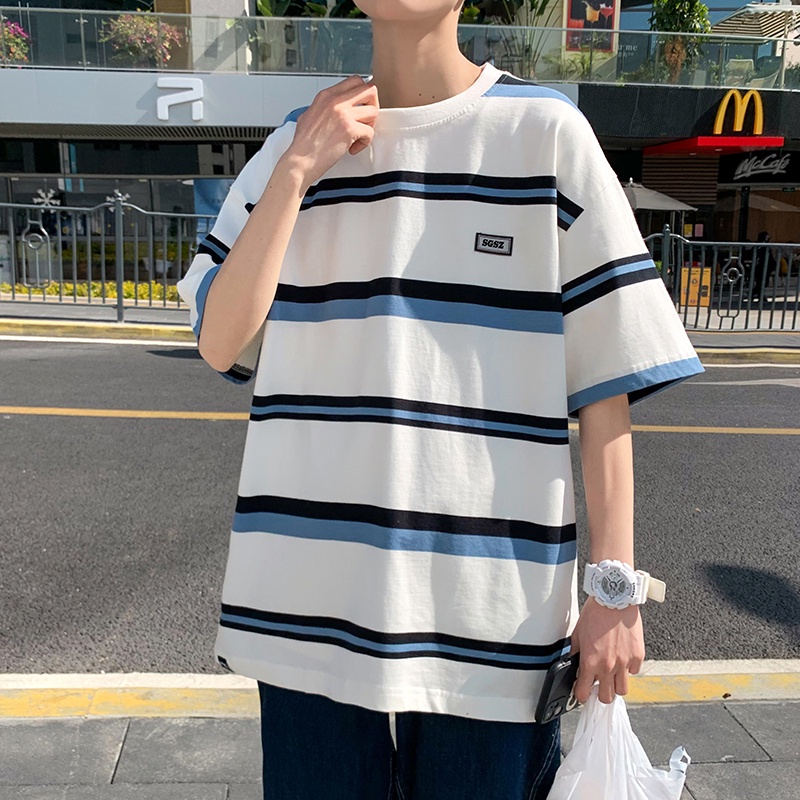 Korean striped shirt outfit sale