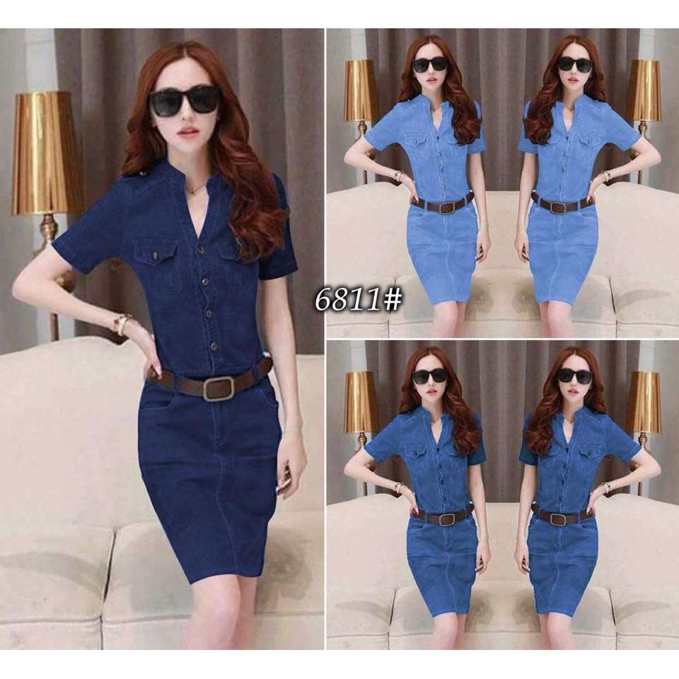 korean simple denim dress Summer Women Korean Style Retro Denim Dress Chic Backless Short Sleeve  Waistline Double Breasted Stylish Ankle Length Dresses