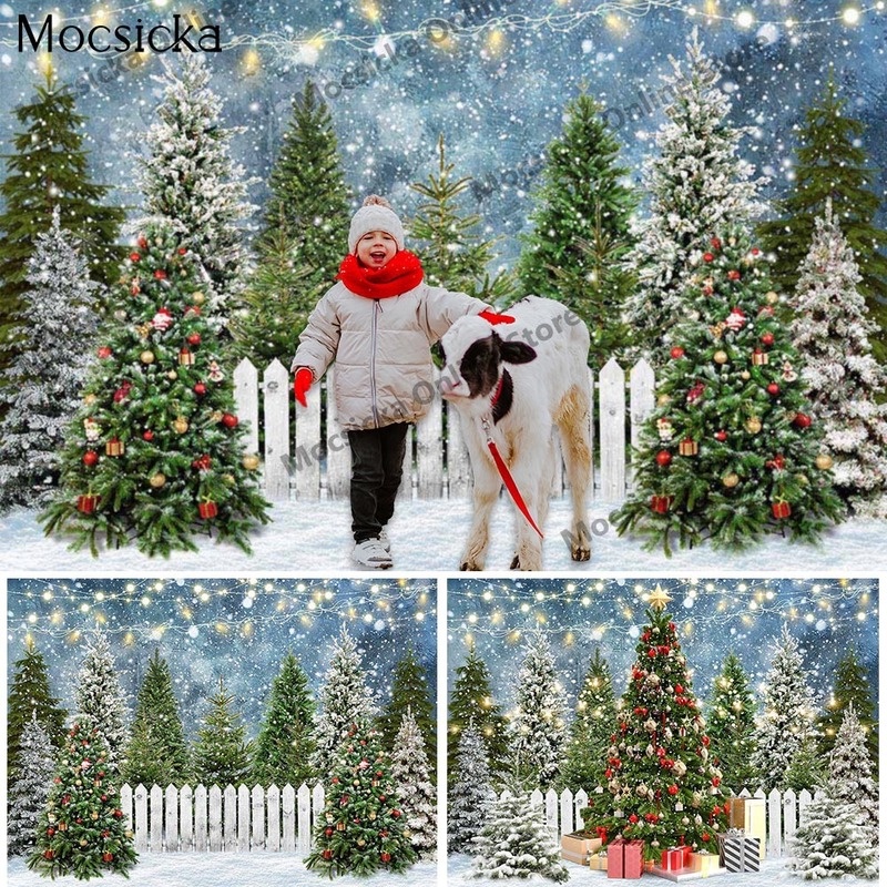 Snowman Pine Forest Christmas Portrait Backdrop