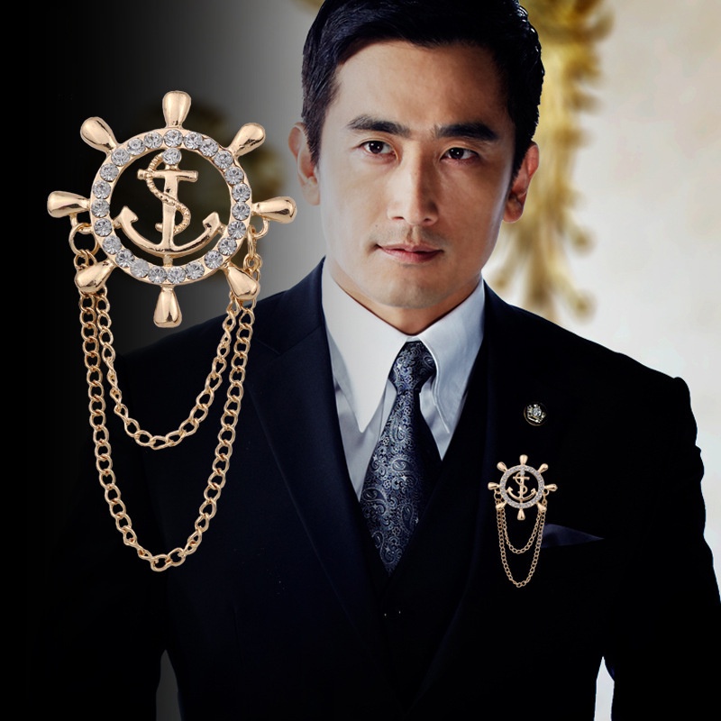 EFAN Gold Silver Fashion Navy Brooch Men Women Fringe Chain With Rudder Men s Suit Corsage Boat Anchor Pin Shopee Philippines
