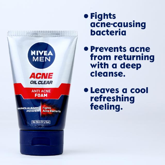 NIVEA MEN Facial Wash Acne Oil Clear Foam, Cleanser for Oily Skin, 100g ...