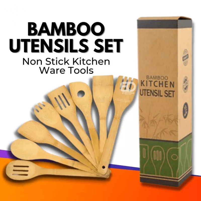 8 In 1 Eco Friendly Bamboo Kitchen Utensil Set Tool Kitchenware Bamboo Utensil Holder Included 4436