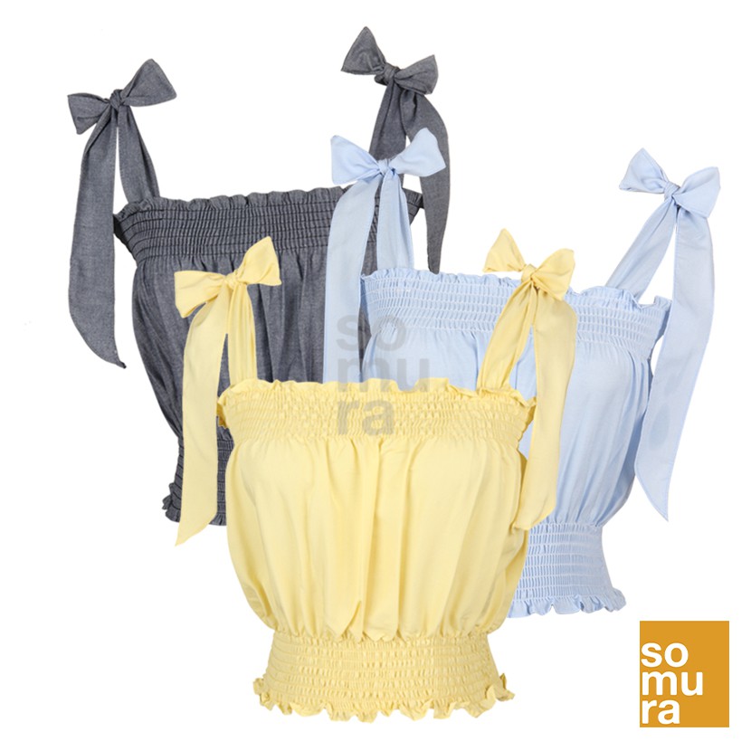 Plain Korean Smocked Ribbon Tie Top (SM579) | Shopee Philippines