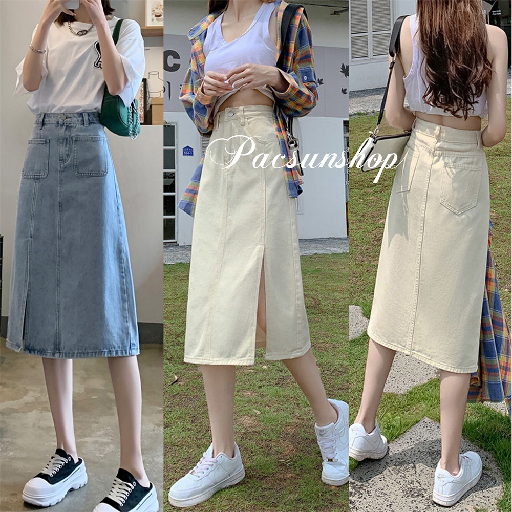 High Waist Denim Skirt Korean Fashion Elegant Woman Mid Length