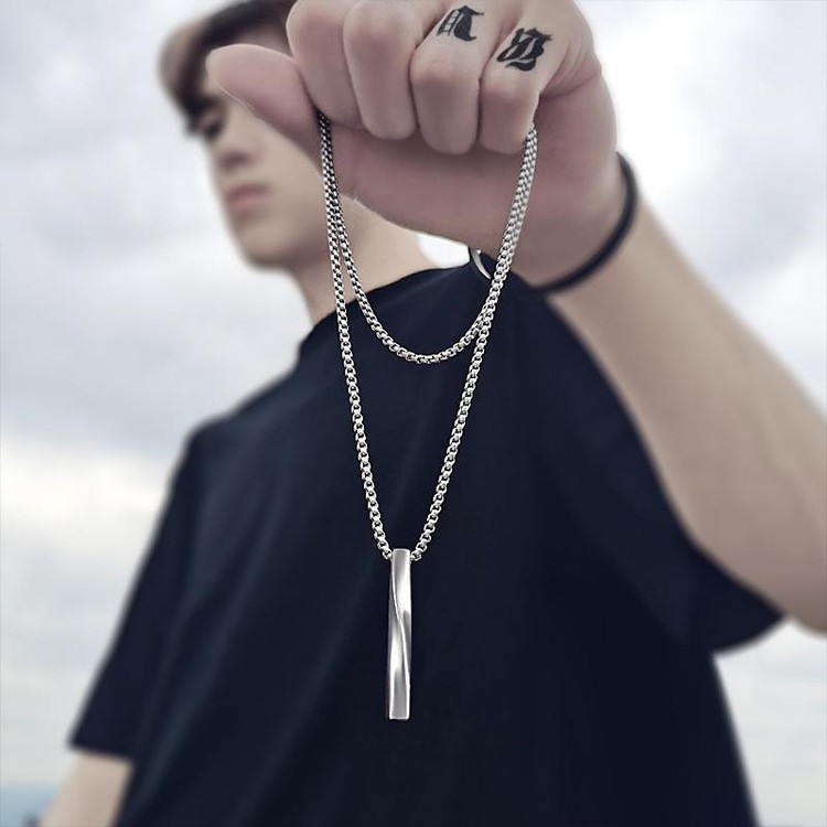 Korean Stainless Steel Necklace Men Long Bar Pendant Birthday