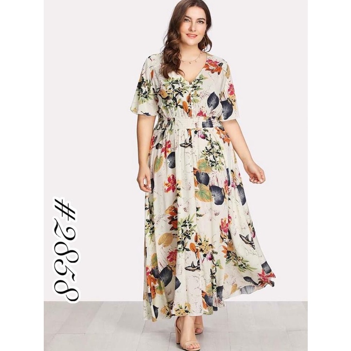 Plus Size Casual Garterized Waist V neck Style Allover Floral