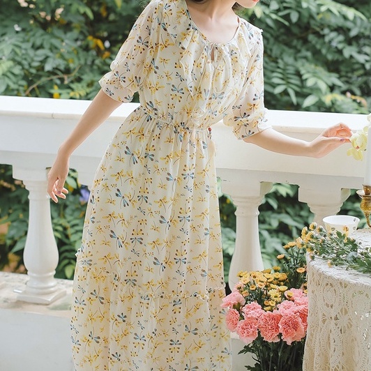 korean dress for woman summer casual dress beige dress chiffon floral dress formal dress Shopee Philippines