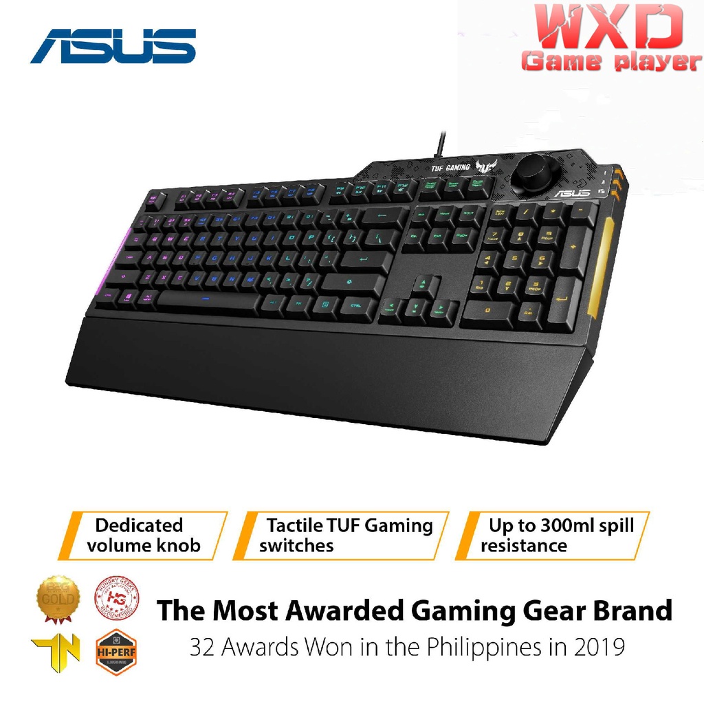 ASUS TUF Gaming K1 RGB keyboard with dedicated volume knob, spill