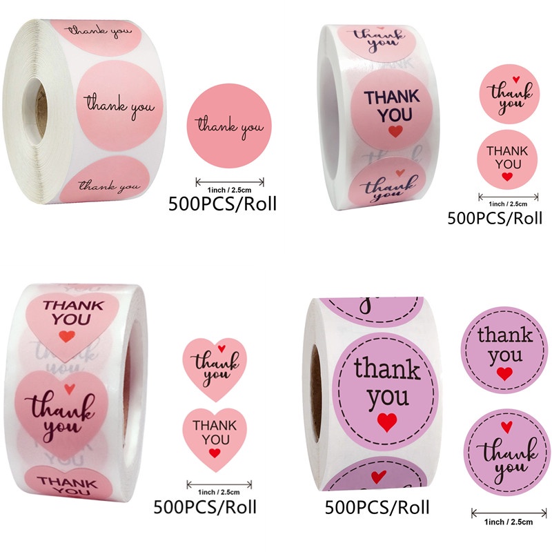 1Inch 500PCS/Roll Heart shape Pink thank you Stickers seal labels ...