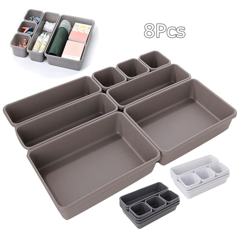 8pcs 3 Size Practical Plastic Interlocking Desk Drawer Organizer Trays Portable Stackable