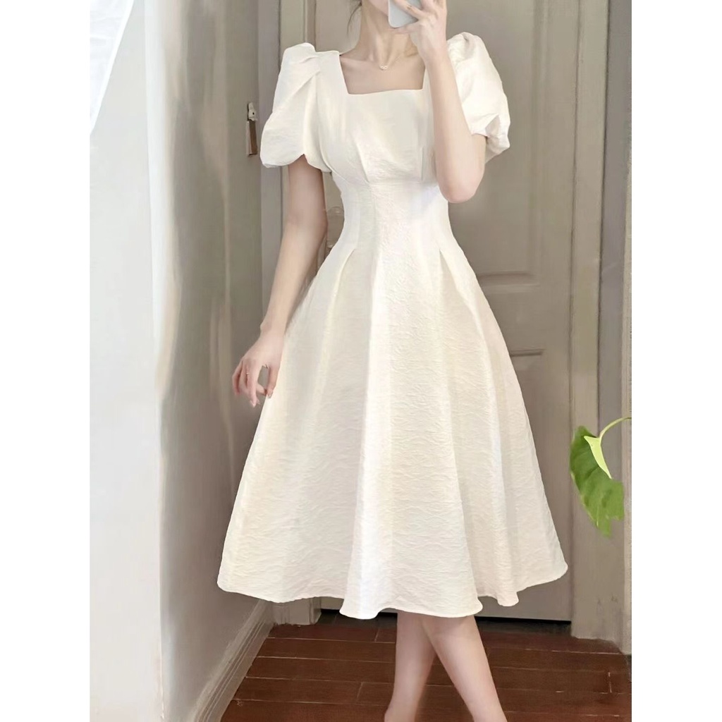 2023 Summer French Style White Square Neck Puff Sleeve Women Dress Long ...