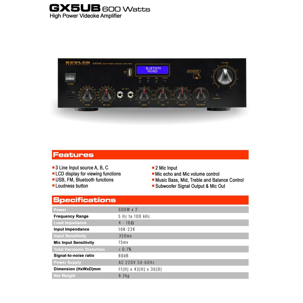 Kevler GX-5UB PRO 600W X 2 High Power Videoke Amplifier with USB ...