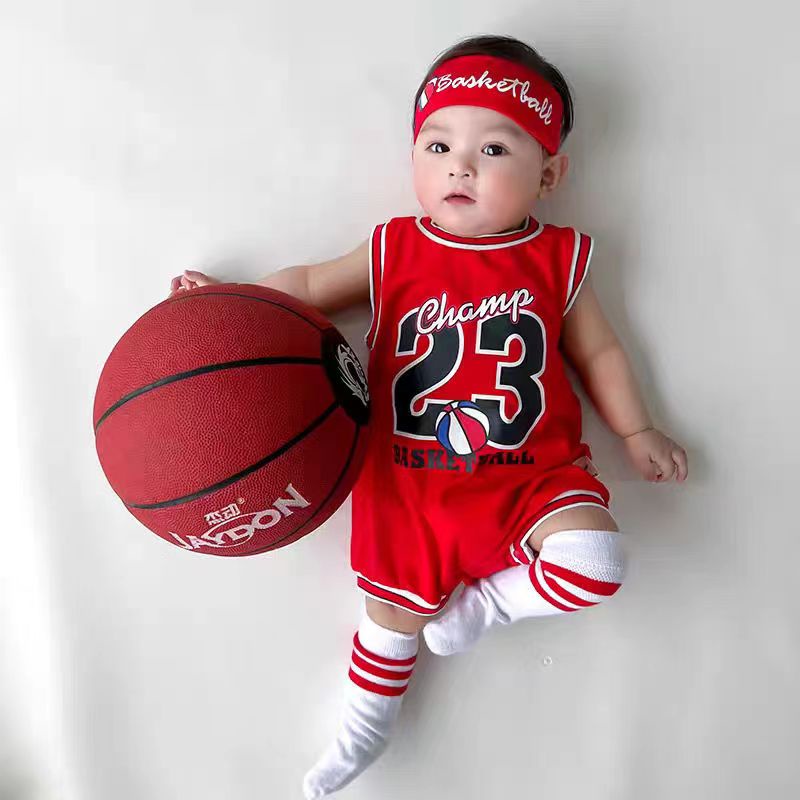 Baby Romper+headband Sleeveless Basketball Jersey for Kids Red Jersey