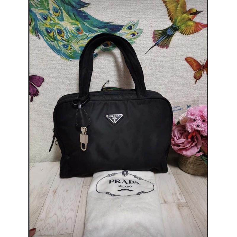 Authentic Prada Black Nylon Handbag with lock key and dustbag