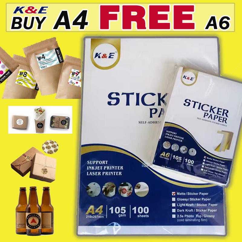 (BUY1GET1-A6)Printable Adhesive A4 sticker paper/KRAFT 100SHEETS LABELS ...