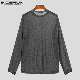 Incerun Men Autumn Sheer Mesh Transparent Long Sleeve Round Neck Loose