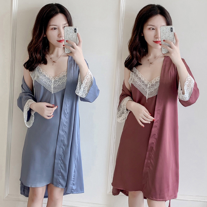 2 Pieces Ladies Sexy Silk Satin Robe Gown Set Lace Nightwear Sleepwear