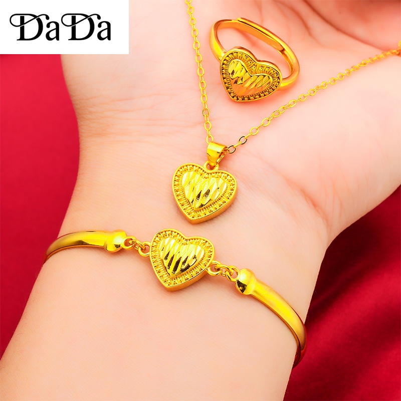 Original 18k Saudi Gold Necklace Bracelet Ring Three-piece Double Love  Pendant Love earrings necklace ringsWedding Accessories Gift [3 in set]