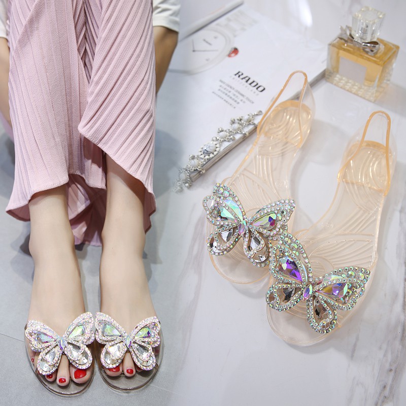 Fashion Roman Bohemian Style Beach Flat Sandals Ballet Beautiful Butterfly  Inlay Jelly Shoes For Women (Size 35-40)