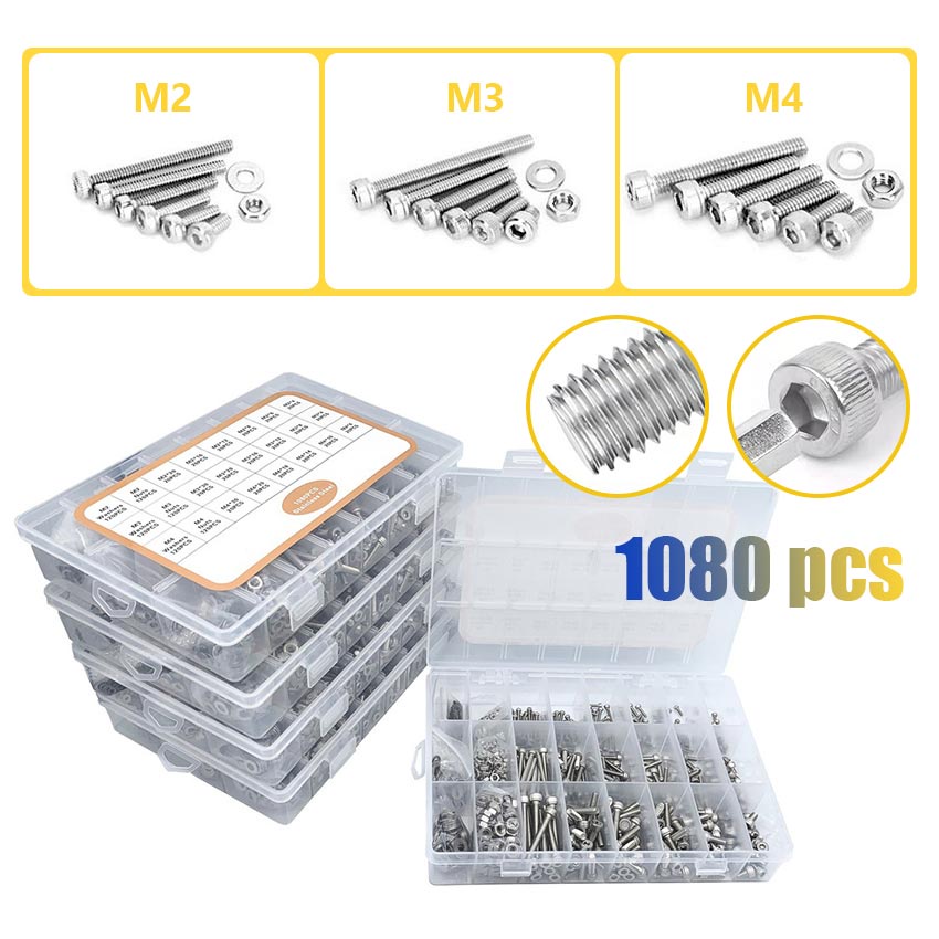 1080Pcs 304 Stainless M2 M3 M4 Screw Suit SocketHead Cap Bolts Nuts ...
